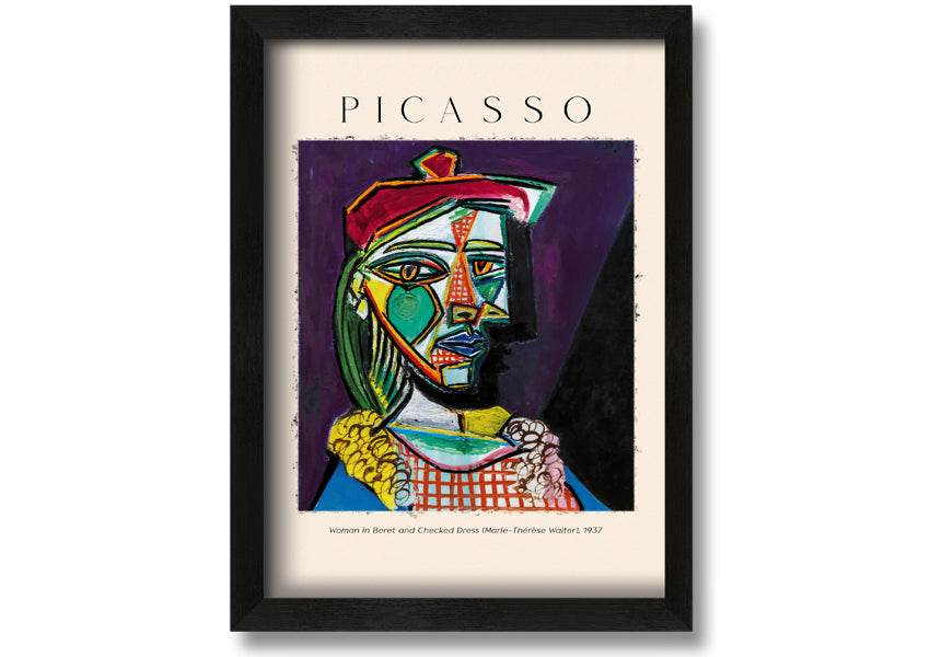 A vibrant reproduction of Picasso's 'Woman In Beret And Checked Dress 1937' printed on canvas, framed and ready to hang.